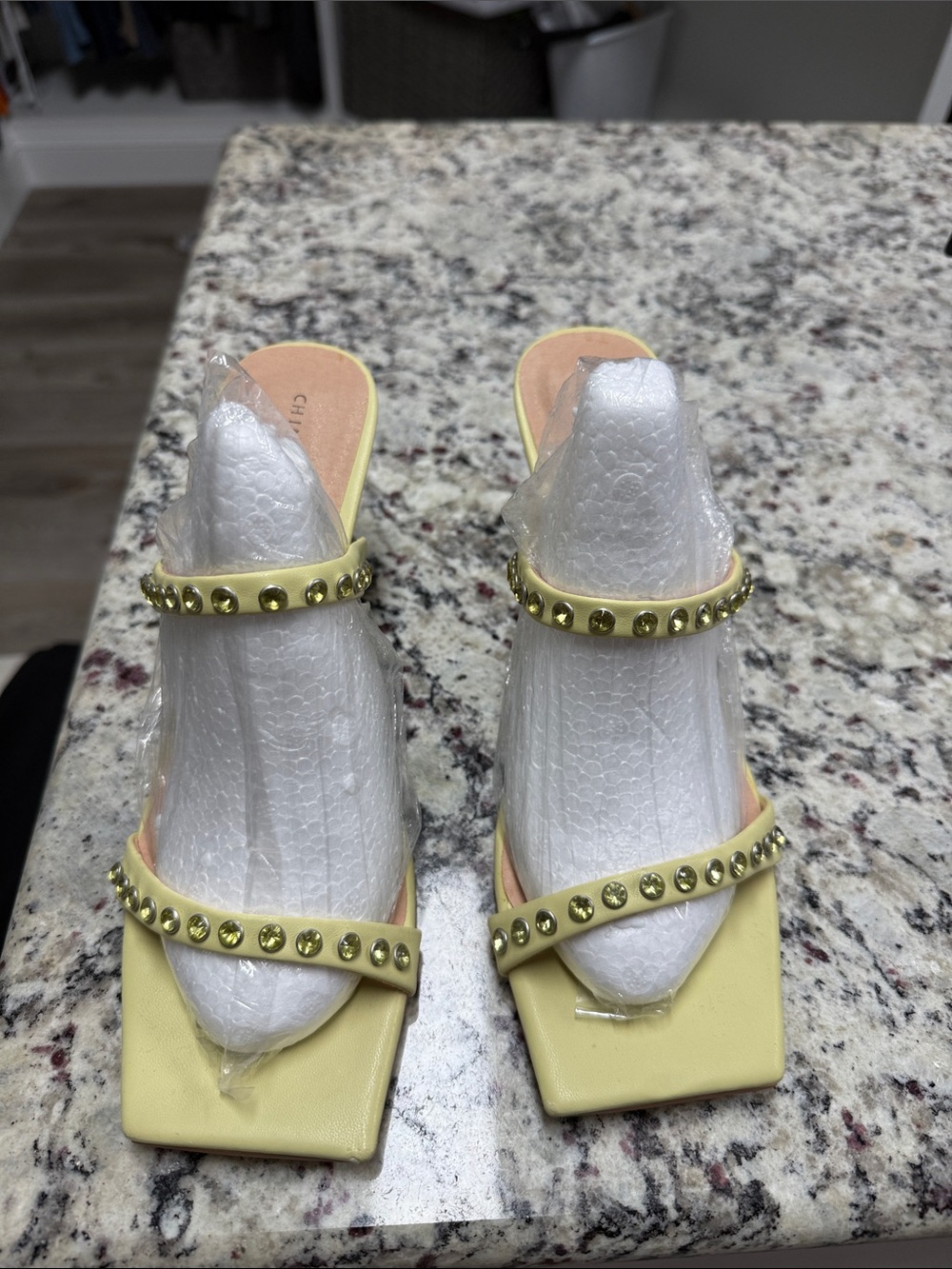Chinese Laundry Lemon Yellow Studded Slide Heels